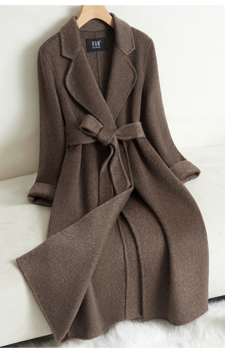 Grey Double-sided Cashmere Coat For women Slim For Autumn Winter New Winter High-end Temperament Thick Woolen Coats With belt