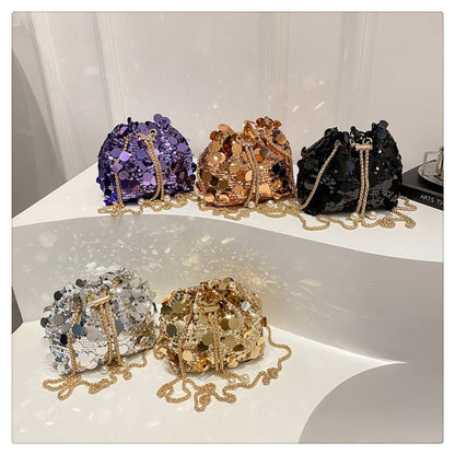 Sequin Chain Women's Portable Bucket Shoulder Bags Retro Ladies Dinner Party Clutch Purse Luxury Design Female Crossbody Bag