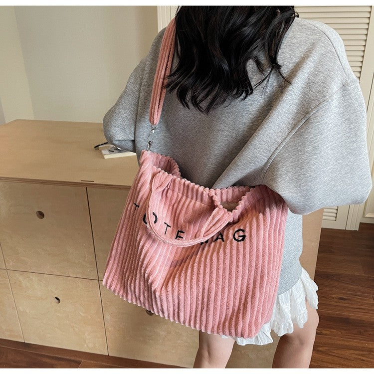 Large Capacity Striped Velvet Handbag Shoulder Bag for Woman Handbags Crossbody Bags, Versatile Letter Corduroy Women's Tote Bag