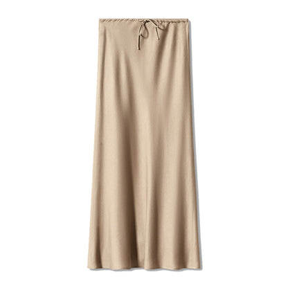 New In 2025 Spring Summer Solid Color Satin Long Skirt For Women High Waist Lace