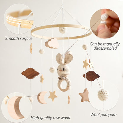 Baby Wooden Bed Bell Cartoon Rabbit Mobile Hanging Rattles Toy Hanger Crib Mobile Bed Bell Wood Toy Holder Arm Bracket Kid Gifts