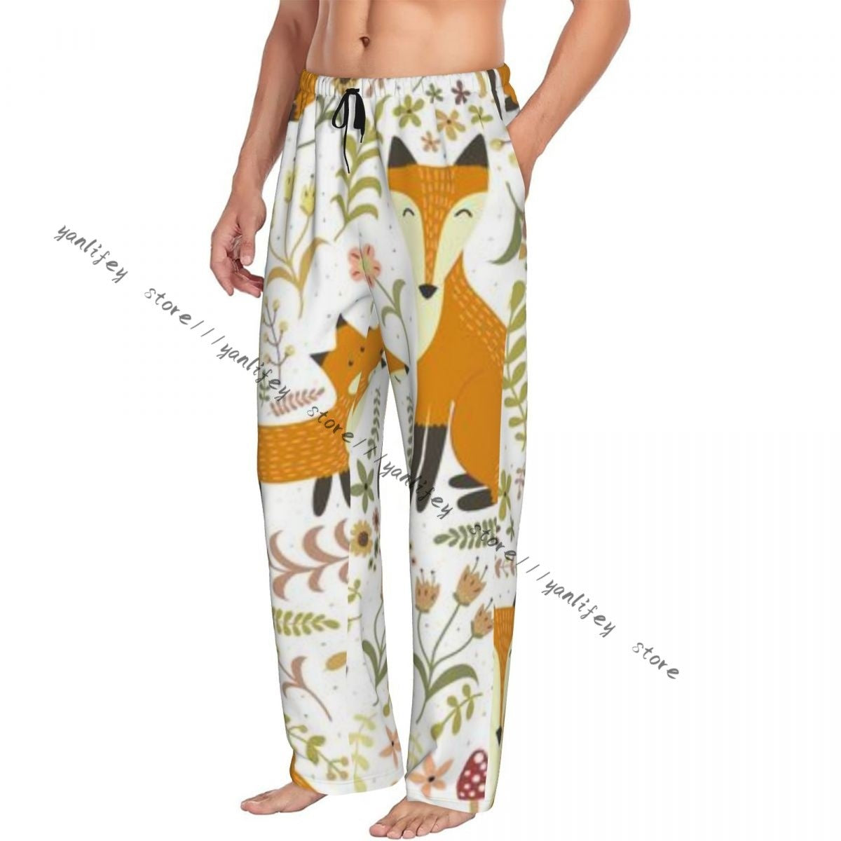 Men's Sleepwear Loose Sleep Pants Pajamas Cute Foxes Forest Long Lounge Bottoms Casual Homewear