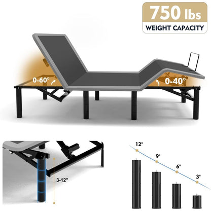 Bed Frame with Massage Head & Foot Incline Queen Adjustable Bed Frame with Remote & USB Ports, LED Light, 4 Height-Ad