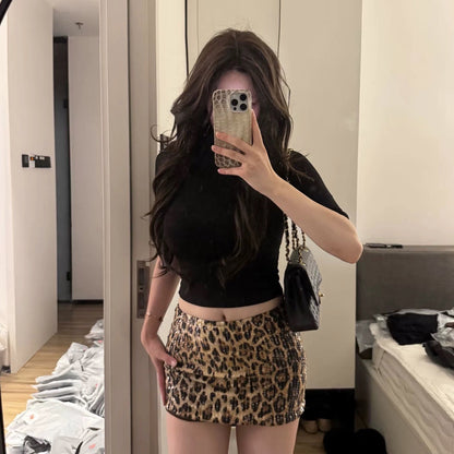 Dulzura Summer Latest Fashion Elegant High Waist Sequins Sexy Slim Leopard Print Short Skirt Party Club Street Clothes Wholesale