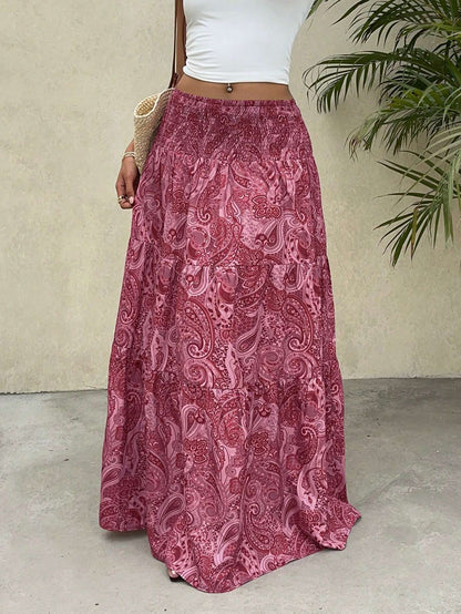 Vacation Style Stretchy Waist Long Maxi Skirt - Flowy Beach Skirt with Elastic Waistband