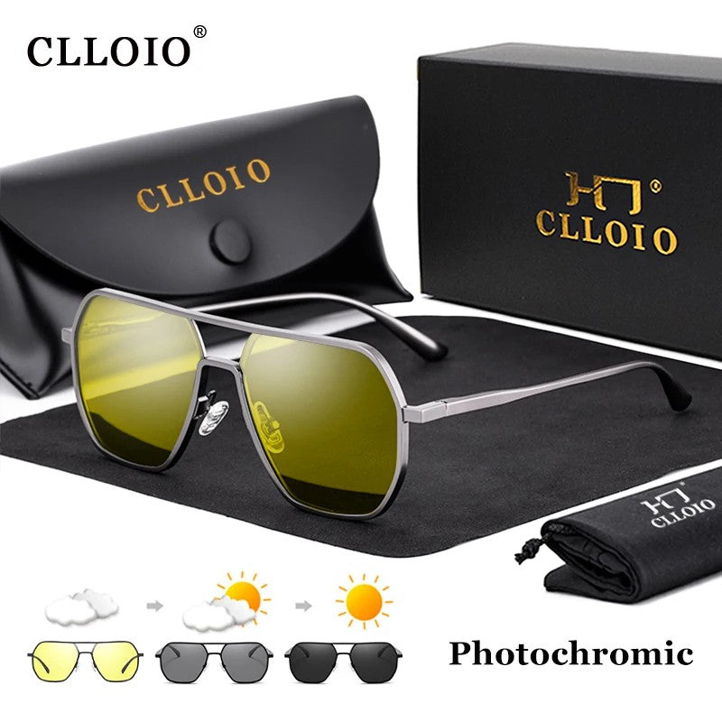 CLLOIO Óculos Antirreflexo para Visão Noturna e Diurna Masculino Feminino Polarizado para Dirigir Óculos de Sol Quadrados de Alumínio Fotocromáticos UV400