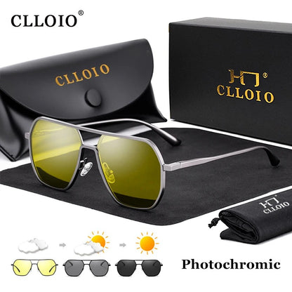 CLLOIO Óculos Antirreflexo para Visão Noturna e Diurna Masculino Feminino Polarizado para Dirigir Óculos de Sol Quadrados de Alumínio Fotocromáticos UV400