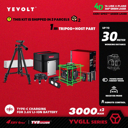 Nível a Laser Verde YEVOLT YVGLL4XS16 Series 4 Planos 16 Linhas Autonivelante 360 3D Ferramentas de Medição de Potência Horizontal e Vertical
