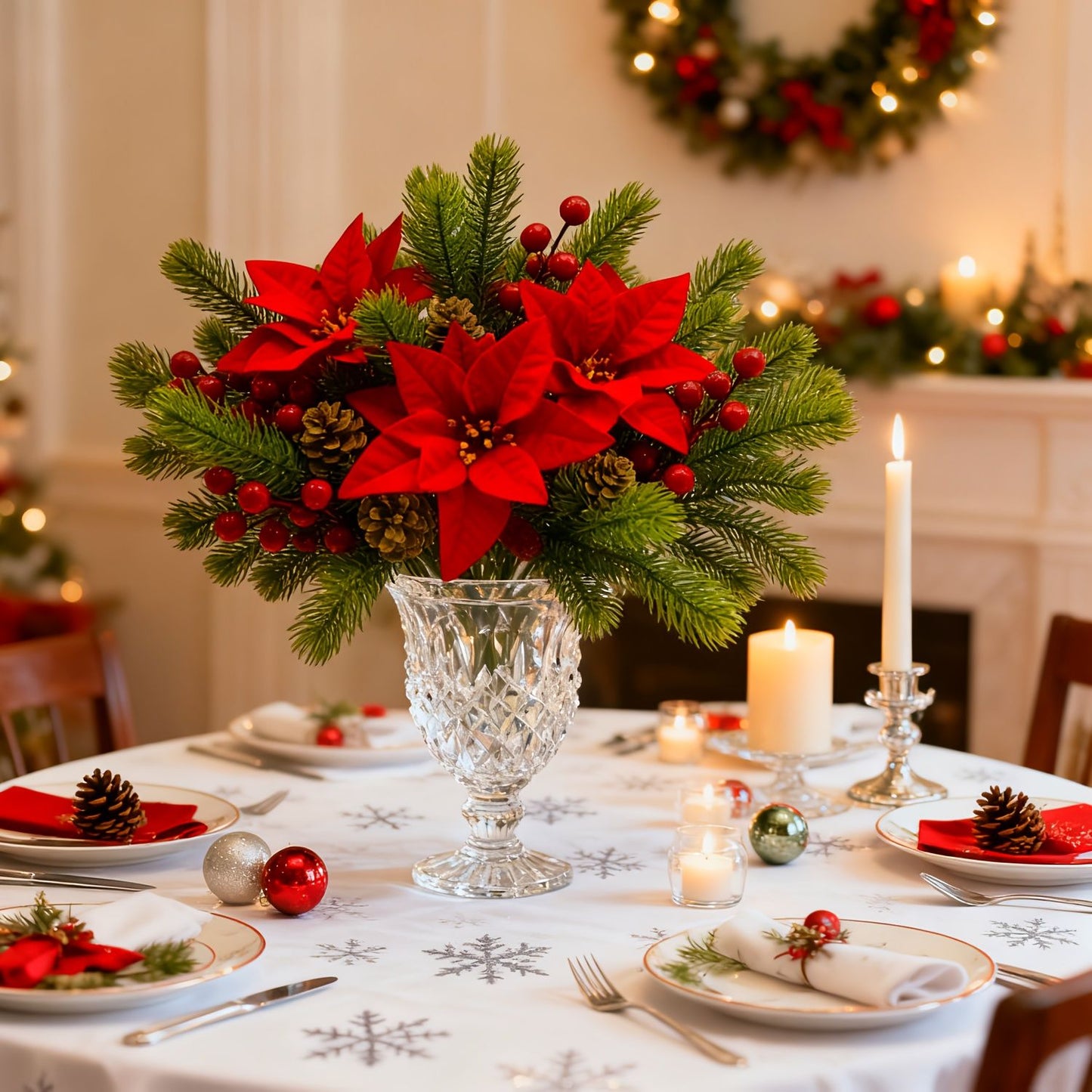 5Pcs 36cm Christmas Poinsettia Picks, Velvet Red Floral Stems with Pine Berries Pine Cones, Fake Xmas Flowers for Vase Table Decoration