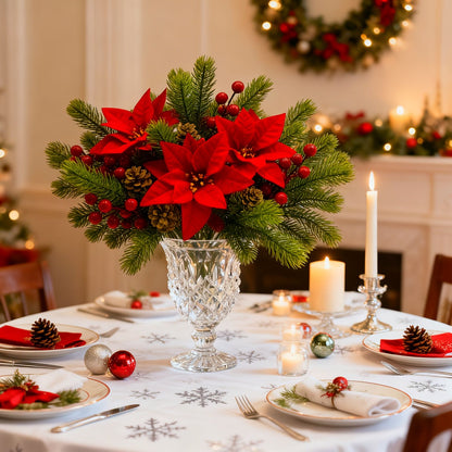 5Pcs 36cm Christmas Poinsettia Picks, Velvet Red Floral Stems with Pine Berries Pine Cones, Fake Xmas Flowers for Vase Table Decoration
