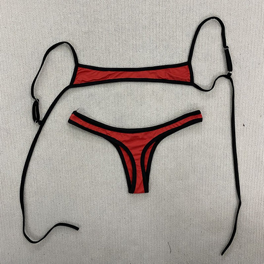 Retro Shoulder Strap Adjustable Backless Simple Summer Split Bikini Y2K Aesthetic Sexy Spice Girl Beach Contrast Color Swimsuit