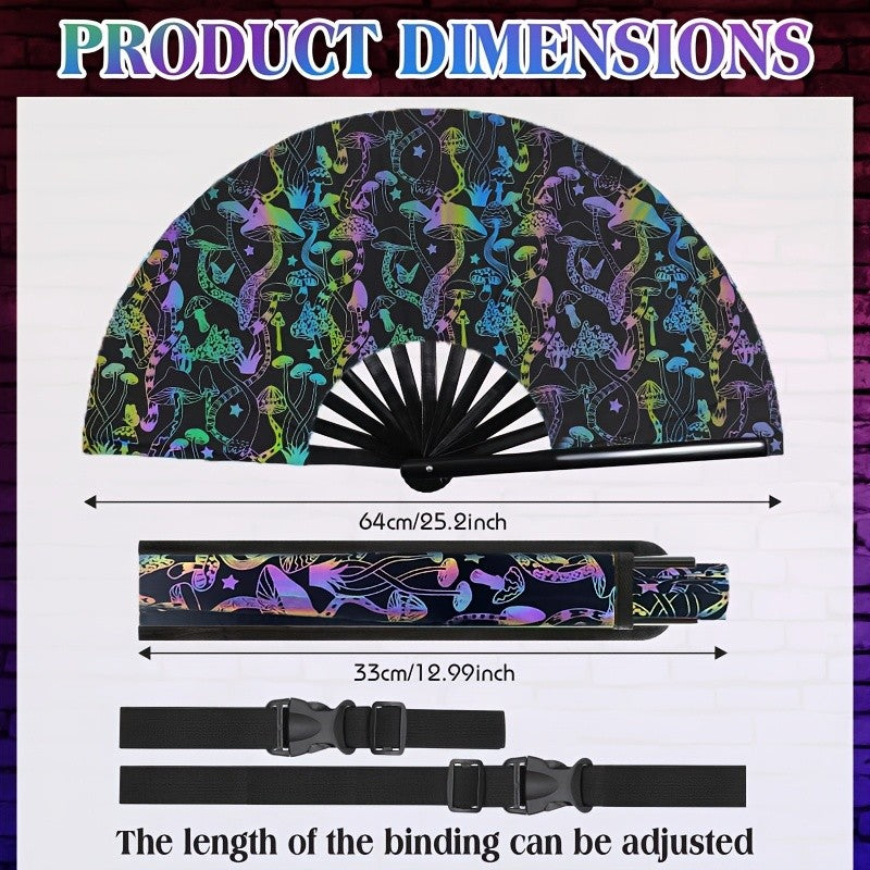 33 CM Bright Flash Reflective Glitter Folding Hand Fan with Holster, Mushroom Folding Fan for Raves Music Festivals, Carnivals