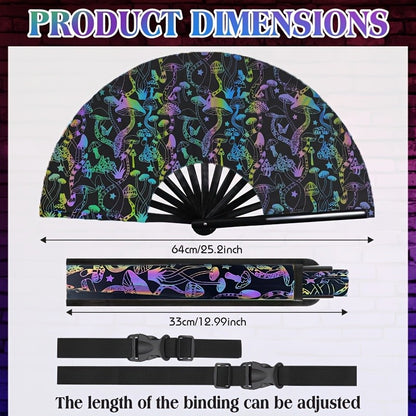 33 CM Bright Flash Reflective Glitter Folding Hand Fan with Holster, Mushroom Folding Fan for Raves Music Festivals, Carnivals