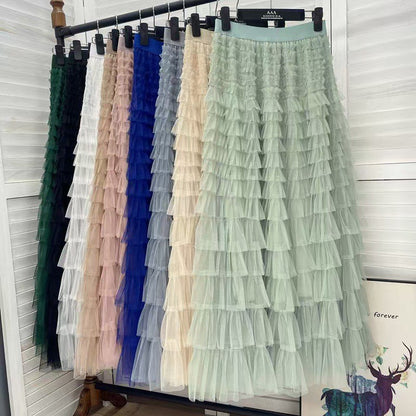 HOT Solid Multilayer Ruffle Mesh Skirt Women Boho High Waist Long Maxi Tulle Skirt Spring Summer Party Women's Clothing