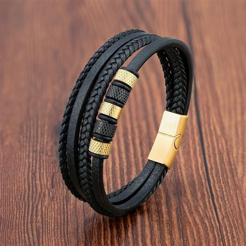 Pulseira de Couro Masculina Punk com Fecho Magnético de Aço Inoxidável Trançado em Camadas Envoltório de Couro Pulseiras Presente Joias Masculinas