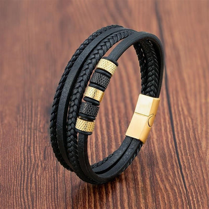 Pulseira de Couro Masculina Punk com Fecho Magnético de Aço Inoxidável Trançado em Camadas Envoltório de Couro Pulseiras Presente Joias Masculinas