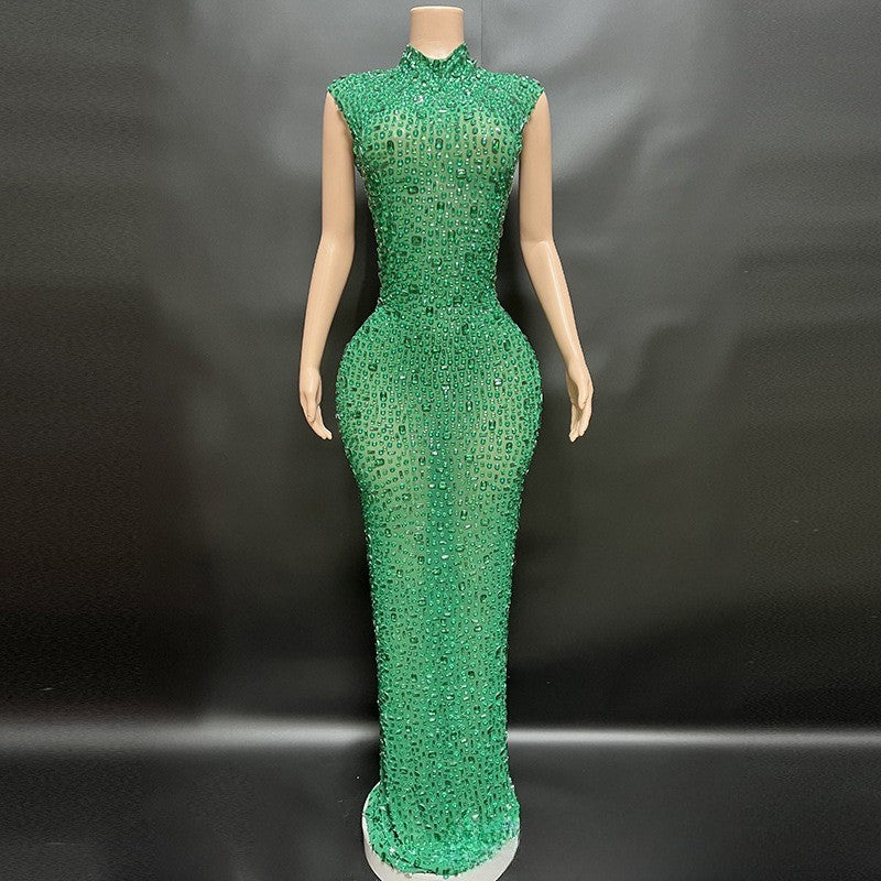 Sexy Full Drill Elastic Slim Fit Sleeveless Long Dress - Hip Wrap, For Host Stage Catwalk & Engagement Evening High-Slit Dresses