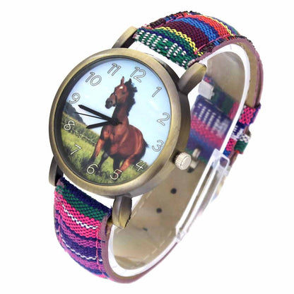 Running Horse Print Animal Unicorn Horses Fashion Men Women Stripes Denim Cloth Canvas Band Sport Quartz Watch