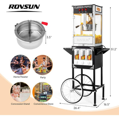 Commercial and Home Theater Popcorn Machine with Cart Wheels and 8 Oz Kettle Produces Up to 32 Cups ETL Certified Popcorn Maker