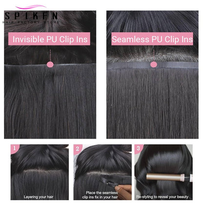 Mega Hair de Tic Tac Invisible PU Extensões de Cabelo Humano Liso Chocolate Castanho Máquina Remy 100-120g 7 Peças/Conjunto