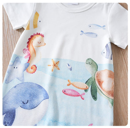 Newborn Clothing Cute Cartoon Marine Animal Print Comfortable And Soft 0-18 Boys And Girls Summer Short Sleeved Baby Jumpsuit