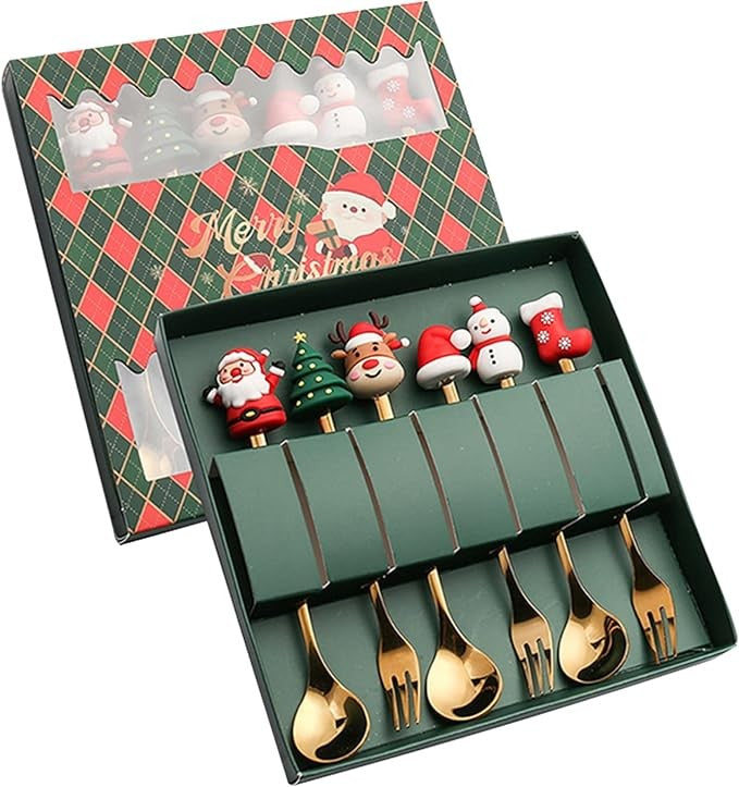 Conjunto 6 Peças de Garfos e Colheres Papai Noel Árvore de Natal Aço Inoxidável Colher de Café Sobremesa Utensílios de Mesa para Festa de Natal Presente Requintado