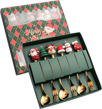 Conjunto 6 Peças de Garfos e Colheres Papai Noel Árvore de Natal Aço Inoxidável Colher de Café Sobremesa Utensílios de Mesa para Festa de Natal Presente Requintado
