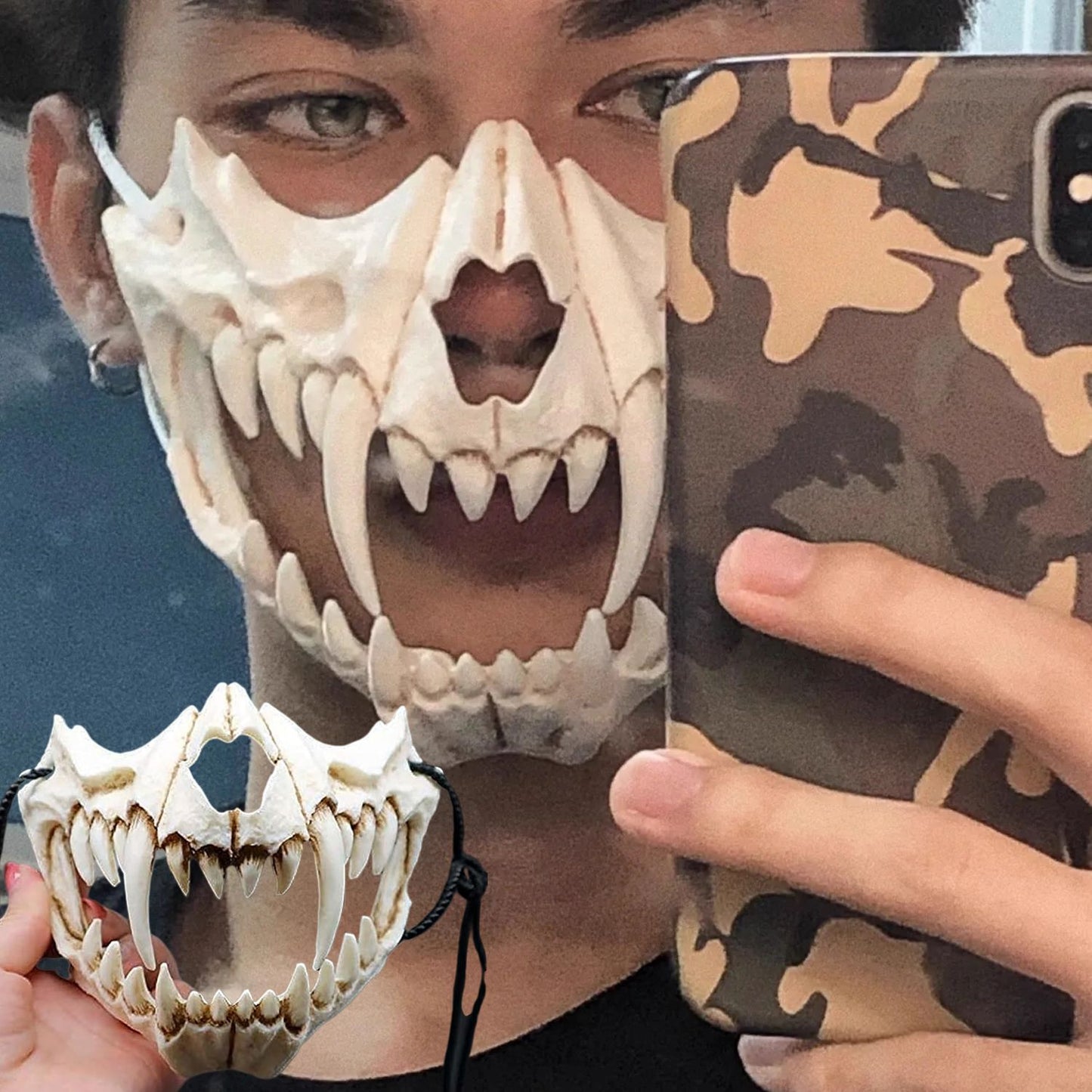 Party Skull Mask Long Teeth Demon Skeleton Half Face Mask Wolf Dragon Tiger Houjuu Nue Mask Cosplay Halloween Costume Props