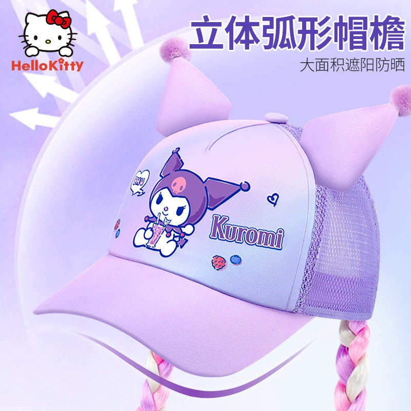 Sanrio Kuromi Baseball Cap Summer Sun Hats for Girl  Breathable Visor Hat  Kawaii Wig Braid Cute Kids Children Aged 5-10 Sunhat