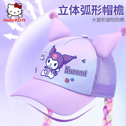 Sanrio Kuromi Baseball Cap Summer Sun Hats for Girl  Breathable Visor Hat  Kawaii Wig Braid Cute Kids Children Aged 5-10 Sunhat
