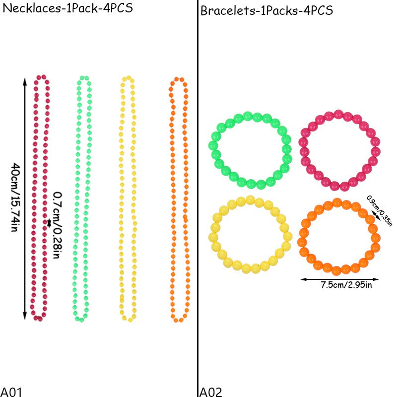 4PCS Connected Beads Necklace Bracelet Set Neon Colorful Beads String Collar Charm Bohemian Fluorescent Choker Birthday Gift