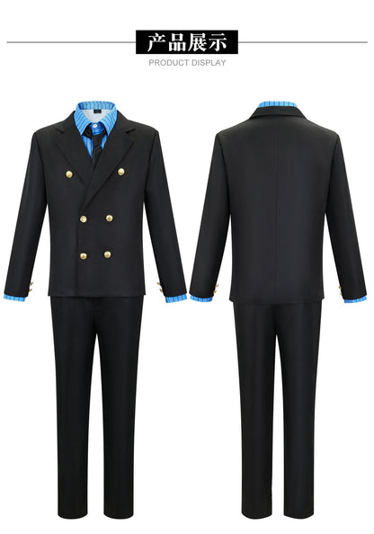 Anime One Sanji Piece Cosplay Costume Blue Yellow Shirt Suit Uniforms Full Set Halloween Party Role Play Outfit for Adult Men