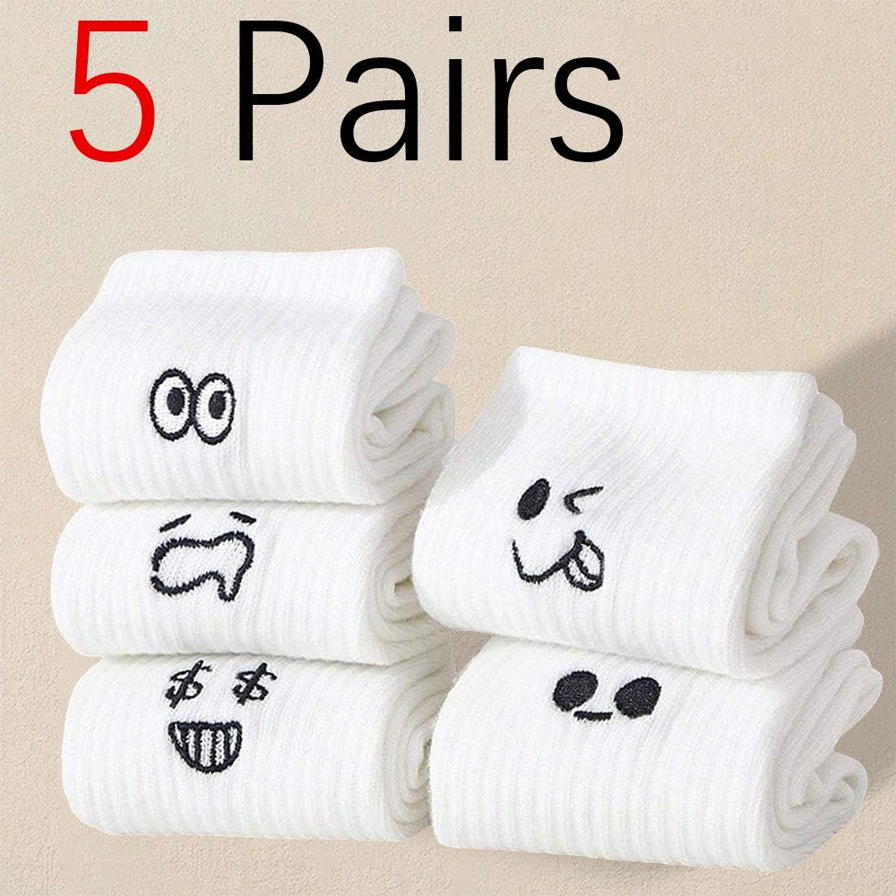 5/10/20 Pairs Men White Cartoon Socks Trendy Versatile Expression Socks With Simple Soft Breathable Comfortable Casual Socks