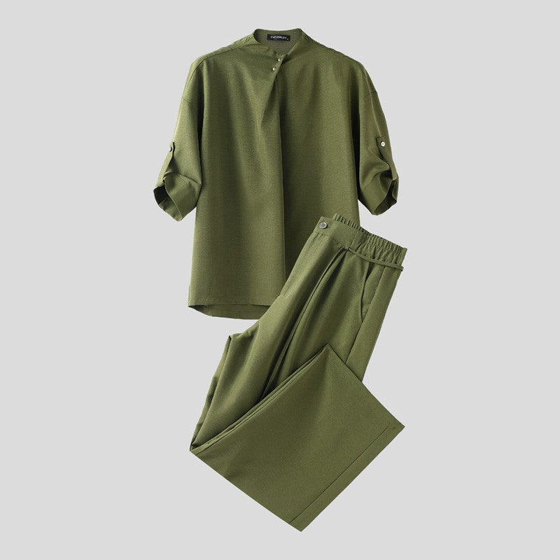 INCERUN Men Sets Solid Color Pleated Shirt & Pants Two Pieces Sets Loose Streetwear 2025 Fashion Men's Casual Suits S-5XL