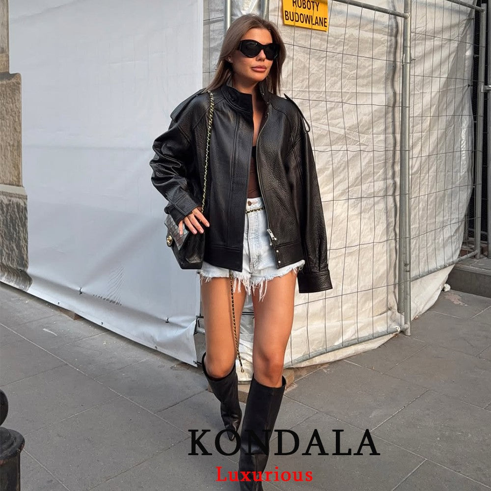 KONDALA Casual Chic Black Leather Jackets Women Long Sleeve Buttons Elastic Oversized Coats Fashion 2025 Fall Streetwear Coats