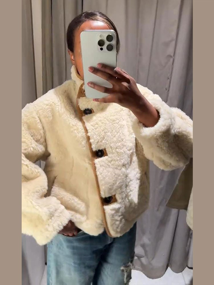 Suede Plush Both Sides Women's Coat Jacket Single Breasted Stand-Up Collar Pockets Female Jackets Autumn Loose Solid Coat Ladies