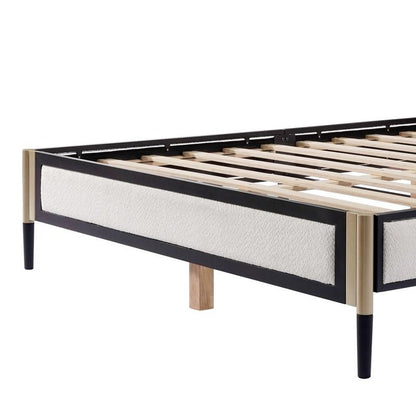 New Title: "Full Size Bed with White Boucle Fabric Headboard, Champagne Silver & Black Frame - Modern Design