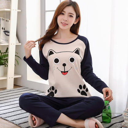Autumn Thin 2pieces Pyjamas Set Women 2025 Round Neck Girls Bear Pajamas Sets Teacup Cat Full Sleepwear Tops lovers Pajama Mujer