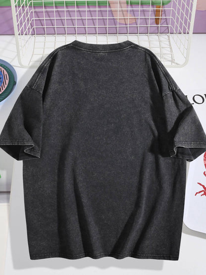 Spider Pattern Rint Men's Summer Retro Style Washed Water T-Shirt Casual Short Sleeved Basic Men's Top 230G