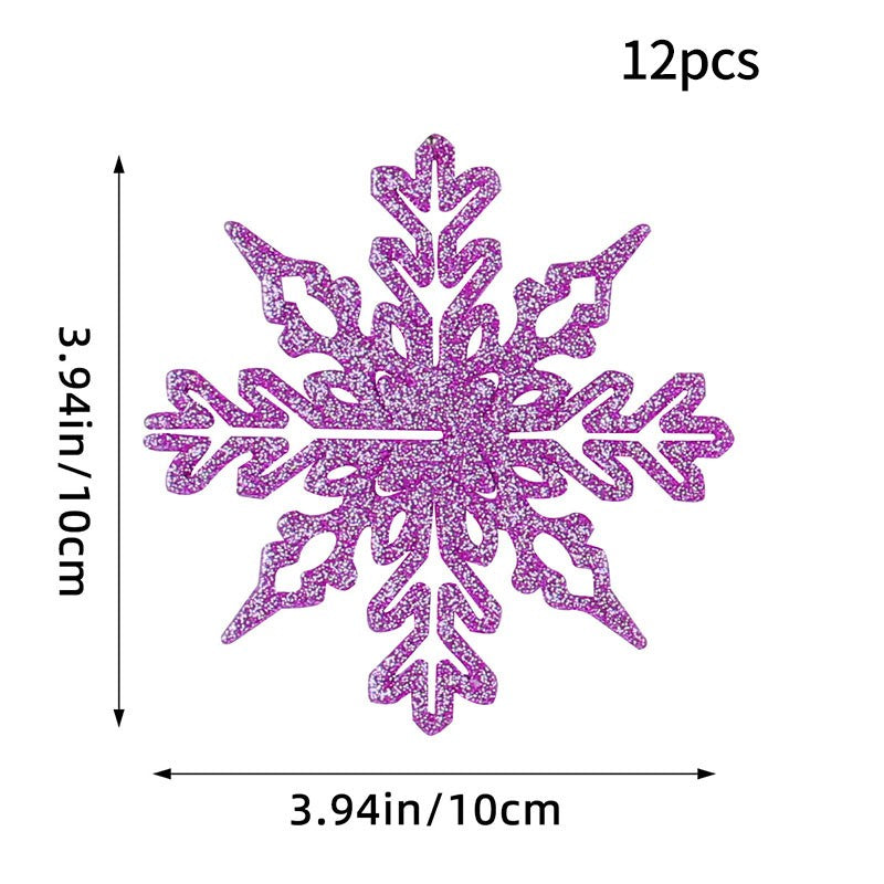 12PCS Pink Glitter Plastic Snowflake Decorations 10cm Christmas Tree Hollow Snowflake Pendants New Year Party Festival Supplies