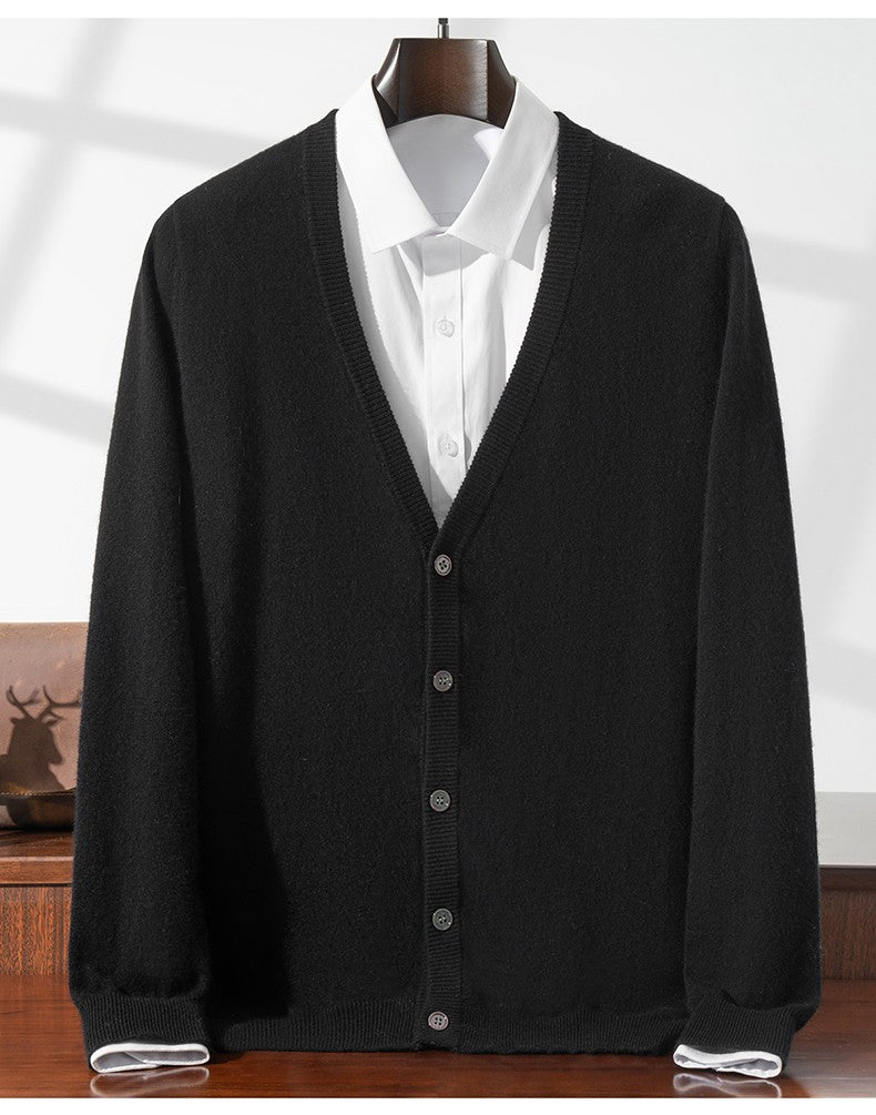 New Simple Button-Up Long Sleeve 100% Wool Cardigan Men's V-Neck Autumn Winter Versatile Commuter Sweater Knitted Jacket
