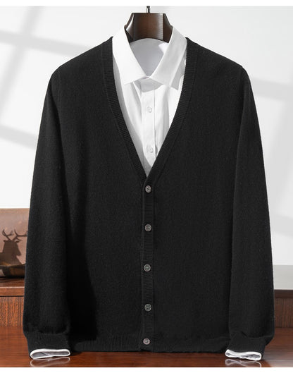 New Simple Button-Up Long Sleeve 100% Wool Cardigan Men's V-Neck Autumn Winter Versatile Commuter Sweater Knitted Jacket