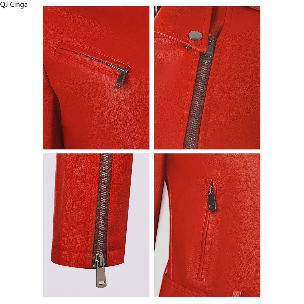 Women's Bright Red Long-sleeve PU Jacket, Lapel Collar Black Short Faux Leather Coat, Available in Dark Brown or Beige.