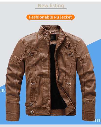 Autumn Winter New Fashion Men's Solid Color Simple Basic Casual Trendy Stand Collar Zipper Faux Leather Coats Male Jackets Tops