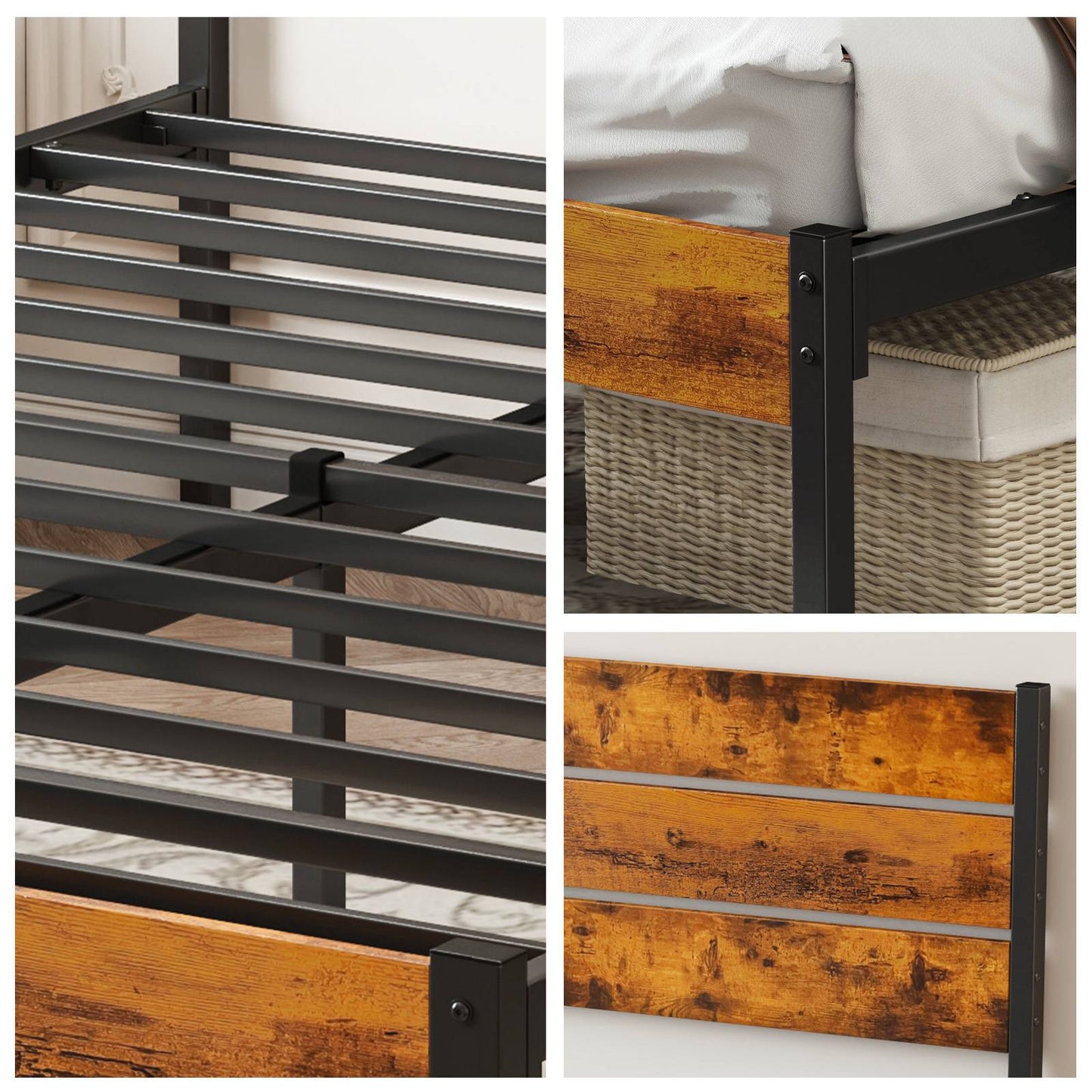 Cama Box de Metal Queen Size JHK com Cabeceira e Peseira e Suporte de Ripas de Madeira Resistente de 800LBS para Quarto e Casa
