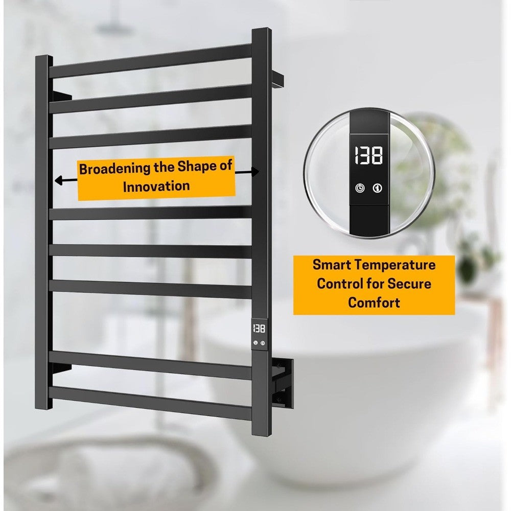 Matte Black 8-Bar Towel Warmer with Quick Heat, Auto Shut-Off and Hardwired or Plug-In Options - Perfect for Warming Towels