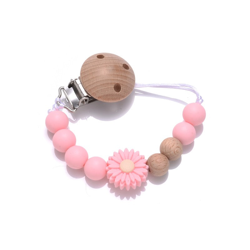 Baby Beech Round Wooden Clips Flowers Silicone Beads Pacifier Chain For Teether Nursing Toys Handmade Dummy Holder BPA Free