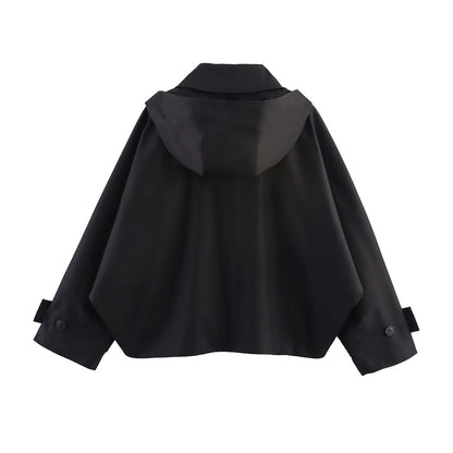 Autumn new European and American style hooded long sleeved lapel jacket single breasted trench coat short jacket