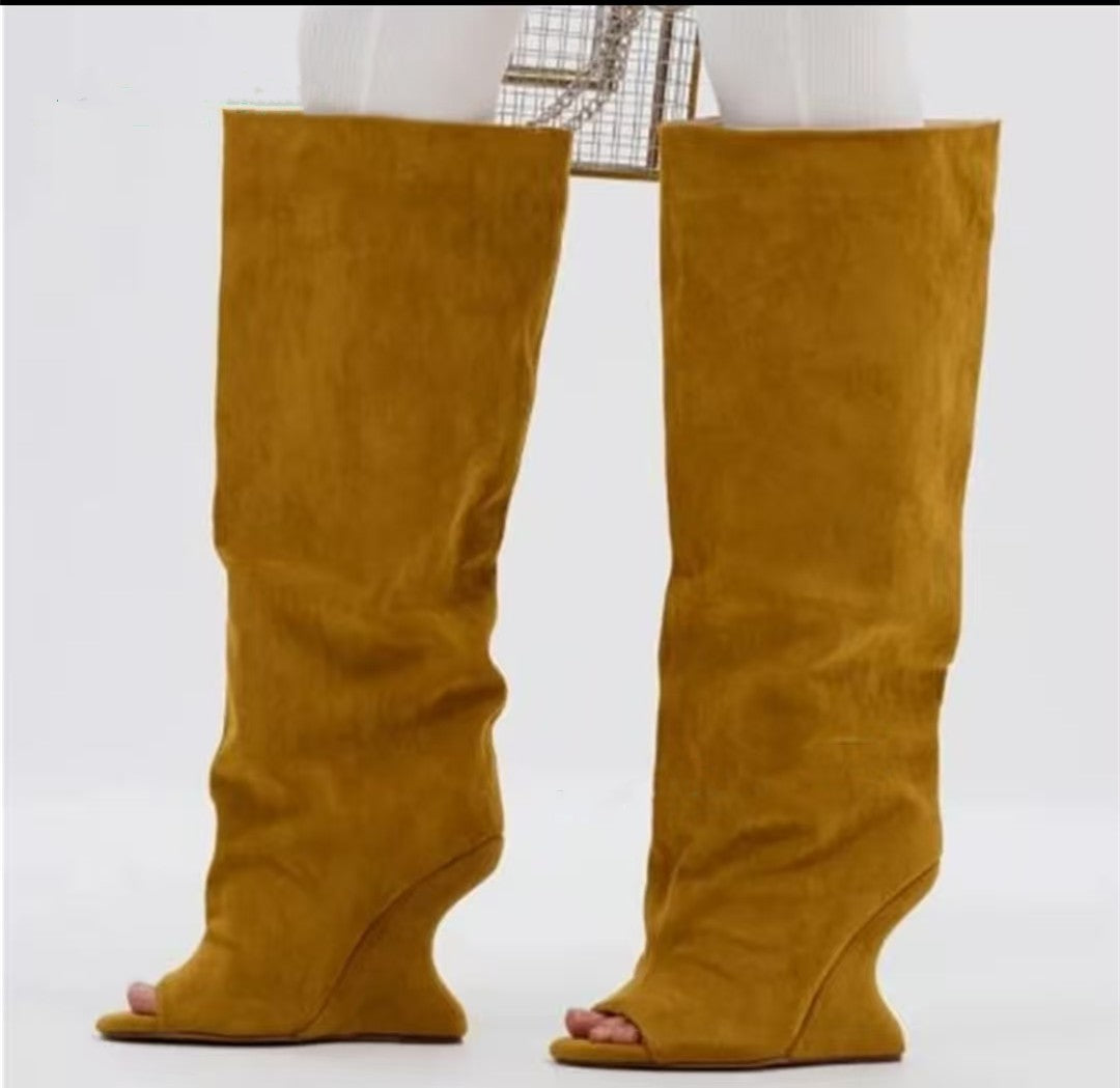 2025Spring and Autumn Fashion New Thick High Heels Women's Knee Length Wide Tube Version Fish Mouth Boots Middle Top Boots