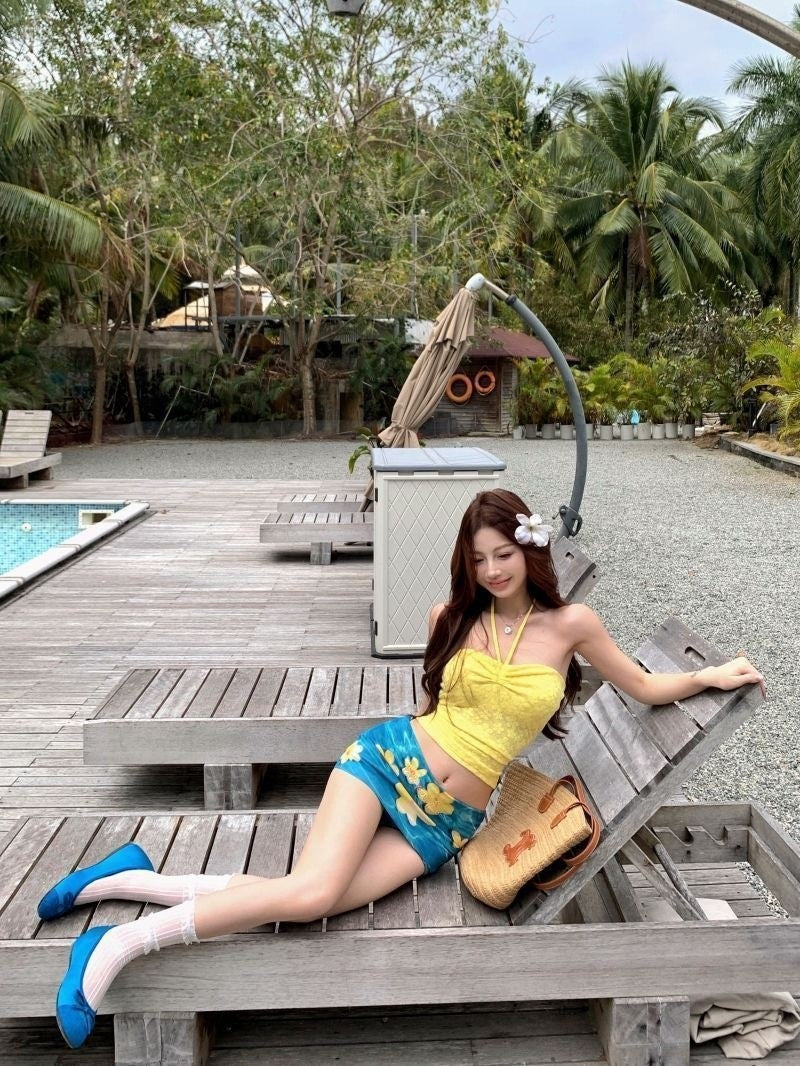 French Drawstring Blue Floral Tube Top Women Separate Swimwear Set Coastal Summer Vacation Beach Holiday Swimsuit for Girl